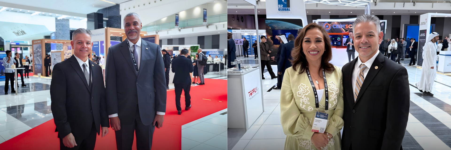 Primera foto: Erik Moncayo con Ian Saunders, Secretario General de la OMA. Segunda foto: Erik Moncayo con Katya López, Presidenta de la Federación Ecuatoriana de Agentes de Aduana (FEDA).